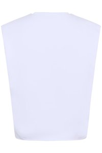 Λευκό αμάνικο αθλητικό crop top με ψηλό λαιμό, σχεδιασμένο για αθλητική ή καθημερινή χρήση.