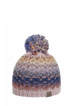 Knitted winter hat with multicolored pastel stripes and a large pom-pom on top, featuring a small fabric brand tag on the brim.