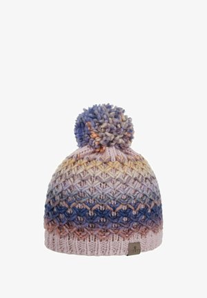 Knitted winter hat with multicolored pastel stripes and a large pom-pom on top, featuring a small fabric brand tag on the brim.
