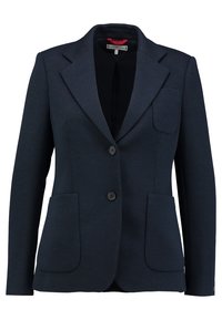 Blazer azul marino hecho de tejido texturizado, con solapa muesca, dos bolsillos frontales y dos botones para el cierre. Diseño clásico.
