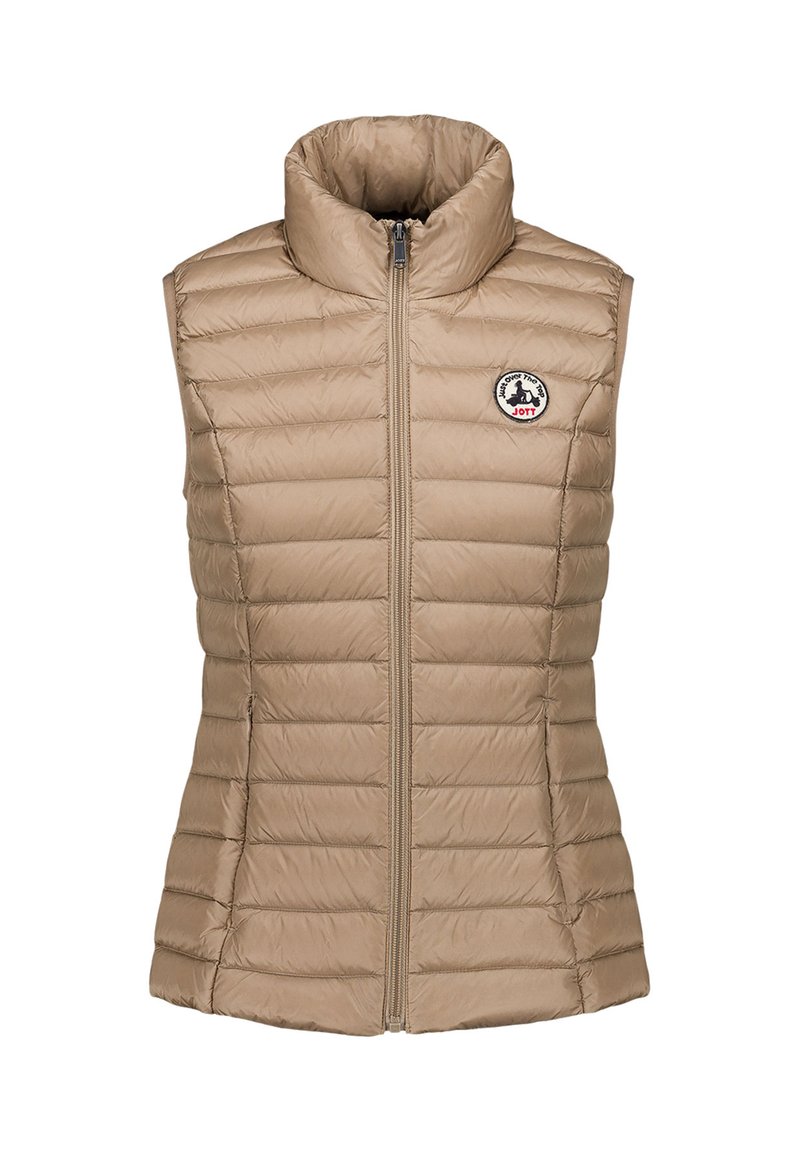 Beige gewatteerd mouwloos vest met hoge kraag, ritssluiting aan de voorkant, zijzakken en ronde logopatch op de linkerborst.