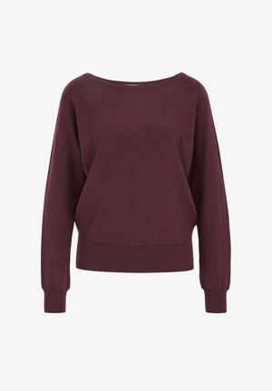 Bordeaux gebreide trui met een brede halslijn, lange mouwen en ribgebreide manchetten en zoom. Soepele textuur en ontspannen pasvorm ontwerp.