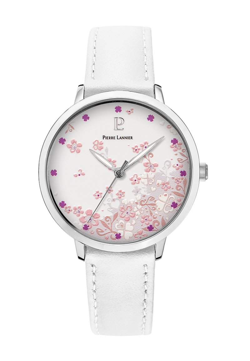 Reloj con correa de cuero blanco y caja plateada, dial con patrón floral blanco en tonos rosa y morado, con manecillas y logo plateados.