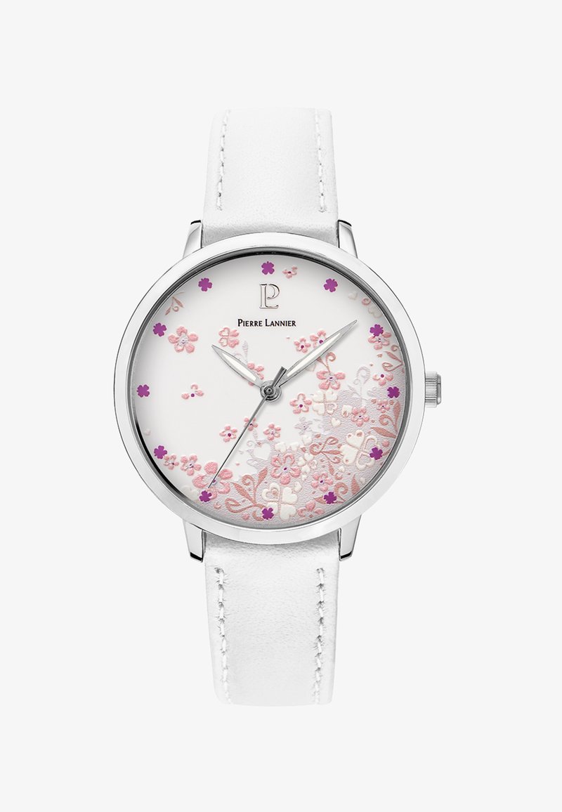 Zegarek na białym skórzanym pasku z srebrną kopertą, biała tarcza z kwiatowym wzorem w różowych i fioletowych odcieniach, z srebrnymi wskazówkami i logo.