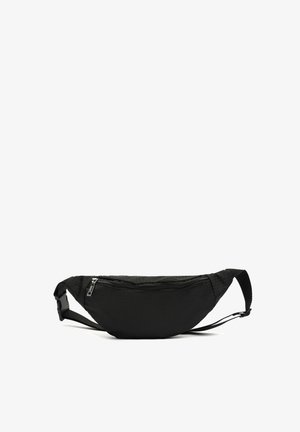 Schwarze Stoff-Gürteltasche mit geschwungener Form, ausgestattet mit einem Reißverschlussfach und verstellbarem Riemen. Strukturiert Außenseite.