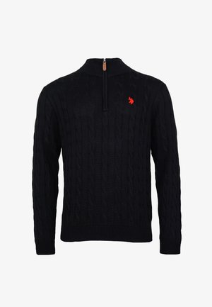 Zwarte kabelgebreide sweater met kwart rits en klein rood geborduurd logo op de linkerborst, lange mouwen, geribde manchetten en zoom.