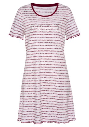 Striped nightdress in pink and white cotton, featuring short sleeves, a round neckline, and scalloped hems with maroon accents.