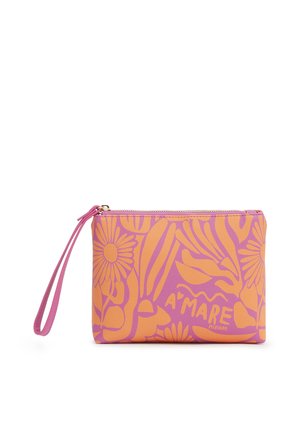 Piccola pochette rettangolare con motivo floreale rosa e arancione, chiusura con cerniera e cinturino da polso. Testo "A'MARE Miriade" nel design.