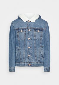 Jeansjacke in Hellblau mit flauschigem weißen Kragen, vorderer Knopfverschluss, zwei Brusttaschen und Seitentaschen.