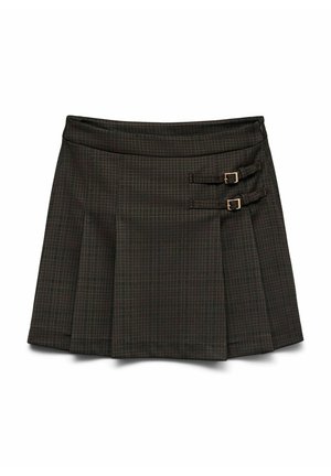 Karirana mini suknja u tamnosmeđoj boji s nabranim detaljima. Ima dva bočna kopčanja i ravni pojas, izrađena od teksturirane tkanine.