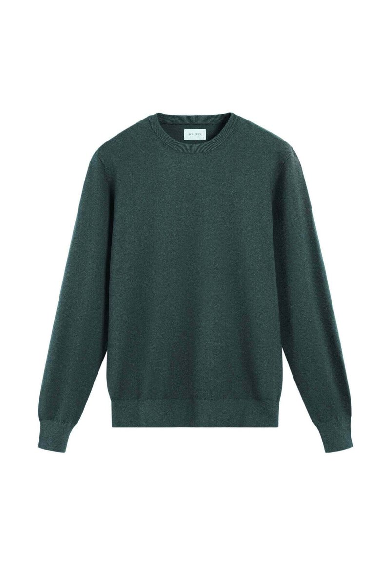 Suéter verde de punto suave y texturizado con cuello redondo, mangas largas y puños y dobladillo acanalados. Diseño simple sin patrones ni adornos.