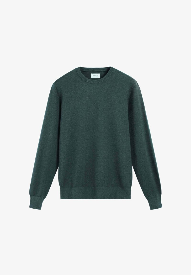 Suéter verde de punto suave y texturizado con cuello redondo, mangas largas y puños y dobladillo acanalados. Diseño simple sin patrones ni adornos.