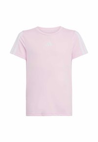 Light pink short-sleeve t-shirt made of soft fabric, featuring white three-stripe accents on shoulders and a small white logo on the chest.