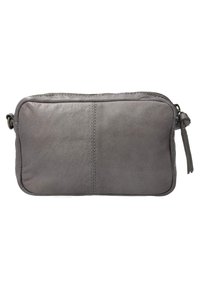 Gray leather clutch with a smooth texture, structured rectangular shape, and top metal zip closure. Features a side tassel accent.