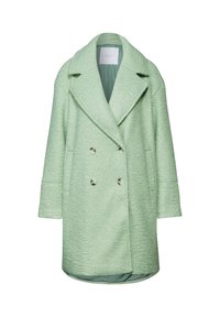 Cappotto doppiopetto verde menta in tessuto testurizzato, con ampio colletto a punta e tasche laterali. Presenta bottoni metallici e una vestibilità rilassata.