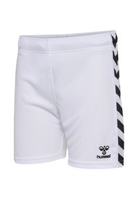 Weiße Sportshorts aus glattem Stoff, mit schwarzen Chevronstreifen an den Seiten und einem kleinen Logo auf der linken Vorderseite.