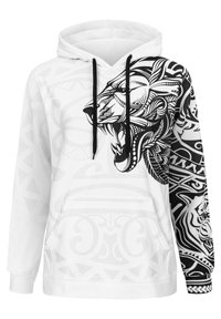 Hvid hoodie med sort løvegrafik på den ene side, der har tribal mønstre. Sorte snore og en frontlomme fuldender designet.