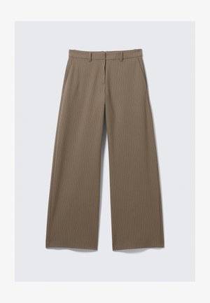 Brown pinstriped wide-leg trousers with a smooth texture and classic design, featuring a waistband and front pleats for tailored fit.