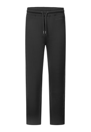 Schwarze legere Jogginghose mit elastischem Bund und Kordelzug, mit dezenten seitlichen Knopfdetails und kleinem Logo nahe der Taille.