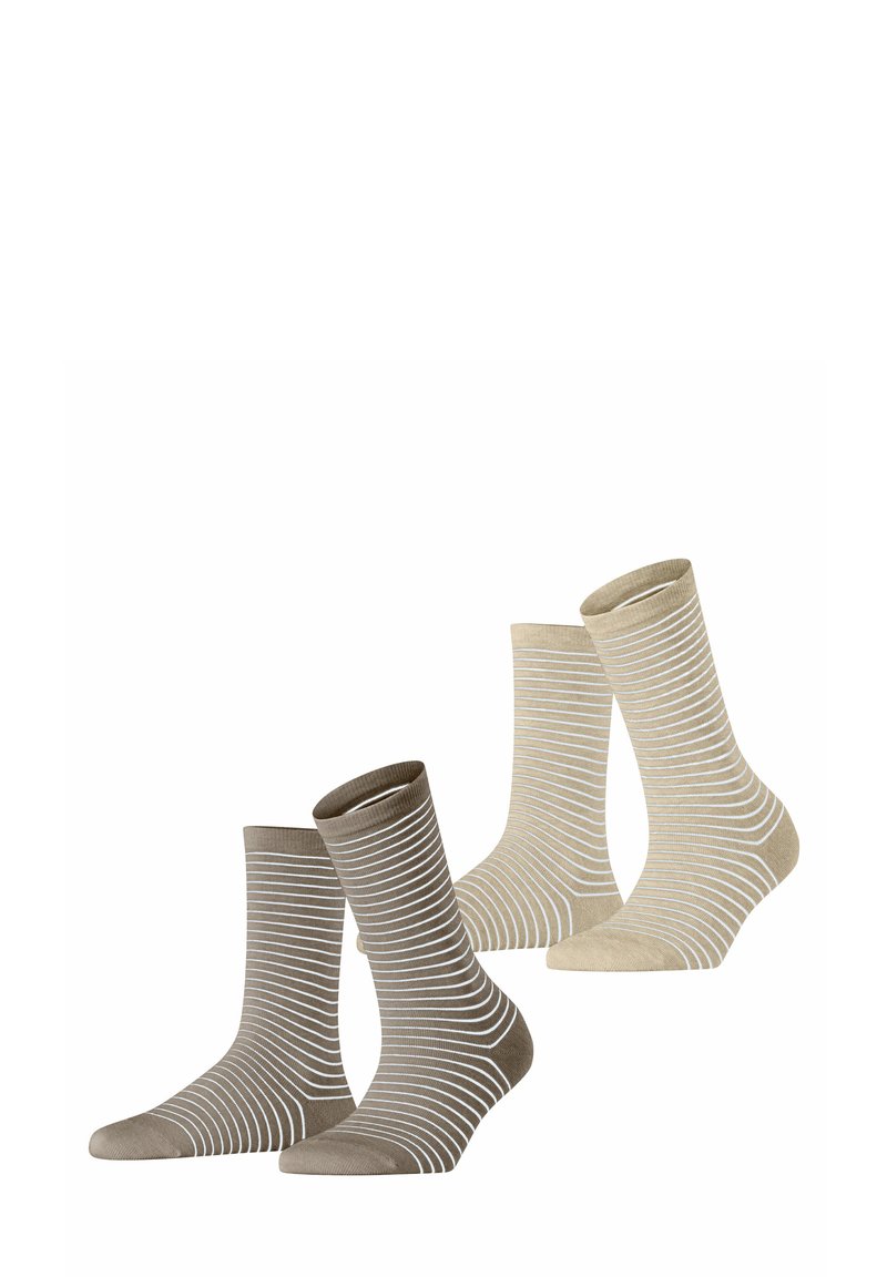 Zwei Paar Baumwollsocken: ein Paar braun mit weißen horizontalen Streifen, das andere beige mit weißen horizontalen Streifen, in Mittelhöhe, weicher Stoff.