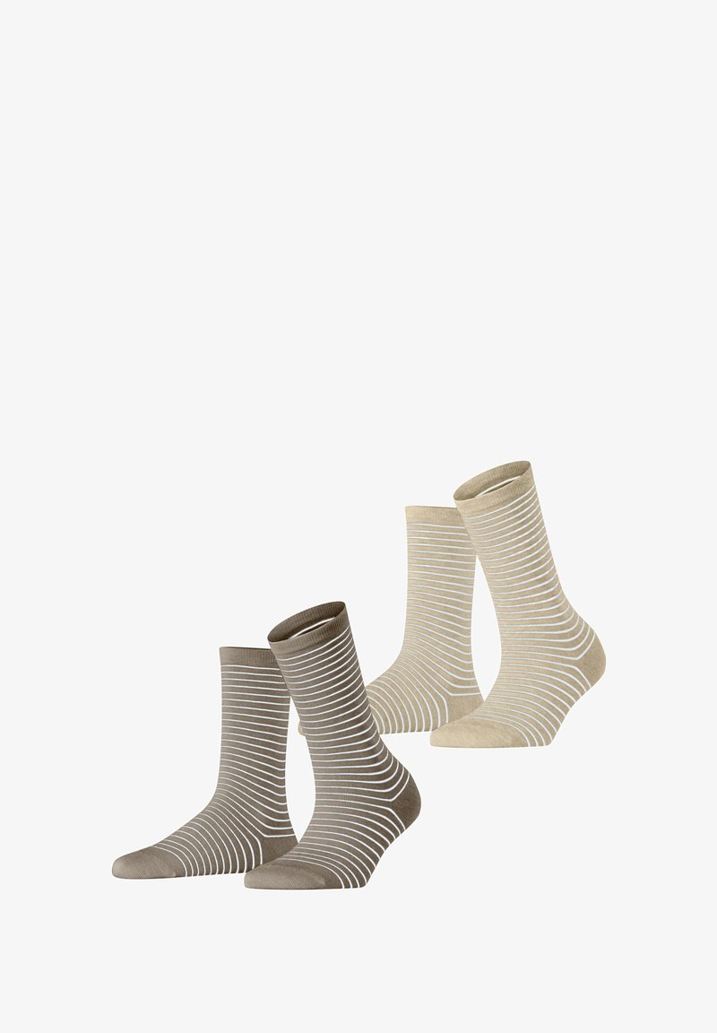 Deux paires de chaussettes en coton : une marron avec des rayures blanches horizontales, l'autre beige avec des rayures blanches horizontales, longueur mi-mollet, texture douce.