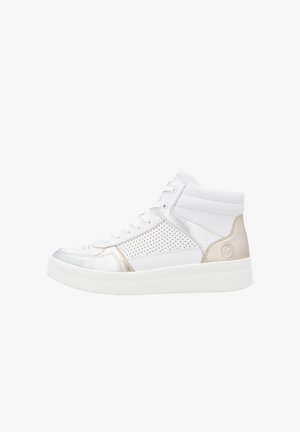 Weißer High-Top-Sneaker mit silbernen Akzenten, perforierter Seitenpartie, flachen Schnürsenkeln und gepolstertem Schaft. Gummisohle mit geriffeltem Streifen.