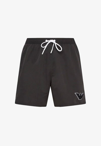 Pantaloni da bagno neri realizzati in materiale sintetico con vita elasticizzata e cordino bianco. Presentano un logo bianco in basso a sinistra.
