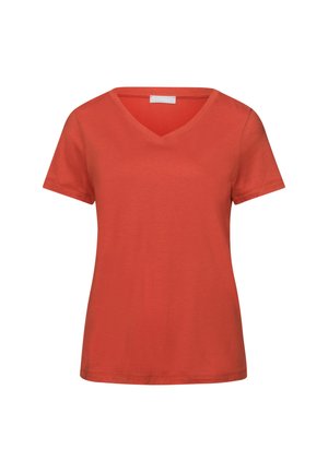 T-Shirt mit kurzem Ärmel und V-Ausschnitt in einfarbigem Korallenrot, aus weichem Baumwollmaterial, mit lässiger Passform und ohne sichtbare Muster oder Akzente.