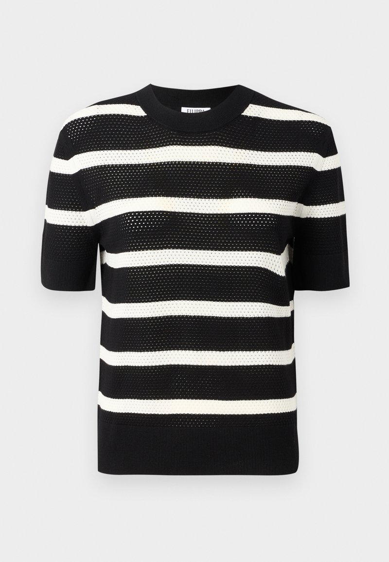 Haut en tricot à manches courtes noir et blanc rayé avec un col rond, présentant un motif texturé et un ourlet droit.