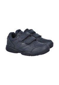 Zapatillas deportivas de color azul oscuro con dos tiras de Velcro, hechas de material sintético, con diseño perforado y suelas de goma texturizadas.