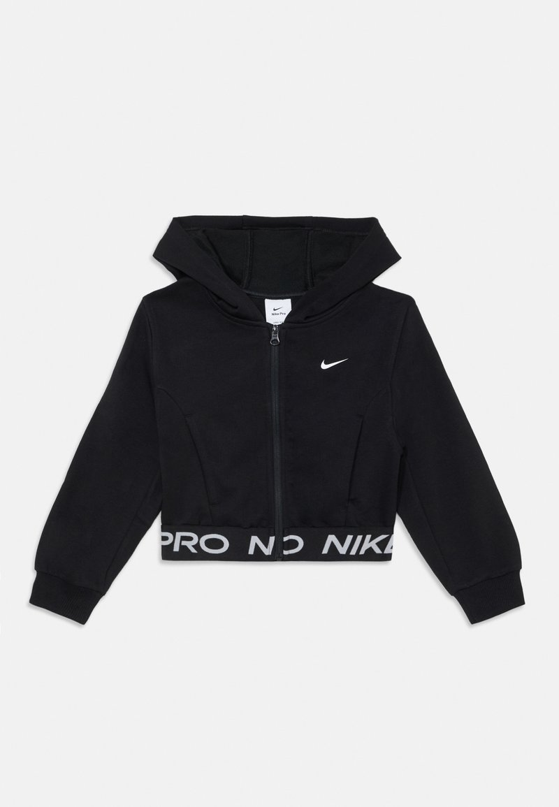 Schwarze, verkürzte Zip-Up-Hoodie mit großer Kapuze, elastischen Bündchen und weißem "PRO NO NIK"-Band am Saum. Mit kleinem Nike-Logo auf der Brust.