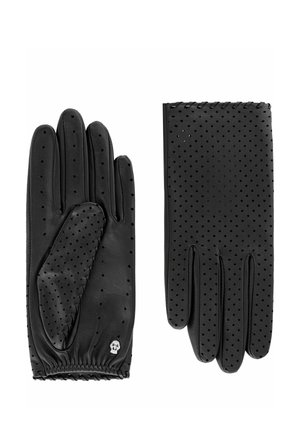Een paar zwarte geperforeerde leren handschoenen, een toont de handpalmzijde met elastische pols en schedel-embleem, de andere toont de achterkant.