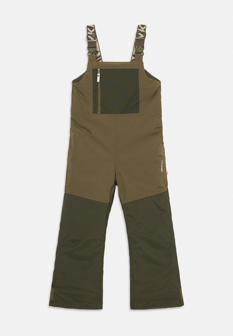 Salopetes de esqui impermeáveis em castanho com alças ajustáveis, um bolso frontal com fecho e um design de painéis contrastantes em tons mais escuros de verde.