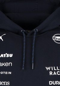 Granatowy hoodie z czarnymi i niebieskimi sznurkami, z białym logo Puma oraz kilkoma białymi logo sponsorów, w tym Williams Racing i Gulf.