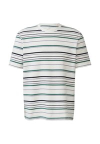 Korte mouwen gestreepte T-shirt in het wit met groene, blauwe en zwarte horizontale strepen. Klassieke ronde halslijn en zachte katoenmaterialen.