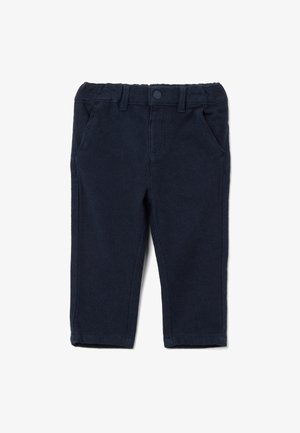 Pantaloni bambini blu navy, realizzati in tessuto tessurizzato, con vita strutturata con bottone, tasche frontali e design a gamba dritta.