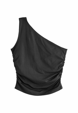 Must värvi, üheaheline topp, mis on valmistatud pehmest kangast. Ühel küljel on kogutud tekstuur, mis loob vormitud silueti. Sile viimistlus.