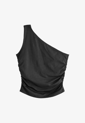 Must värvi, üheaheline topp, mis on valmistatud pehmest kangast. Ühel küljel on kogutud tekstuur, mis loob vormitud silueti. Sile viimistlus.