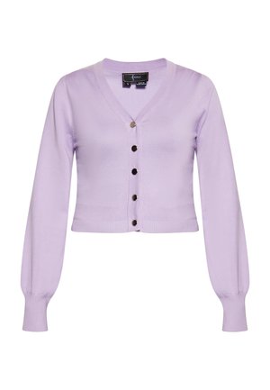Cardigan scurt de culoare liliachiu, realizat dintr-un material tricotat fin. Dispune de un decolteu în V, șase nasturi negri pe față și manșete strâmte cu model de riglet.