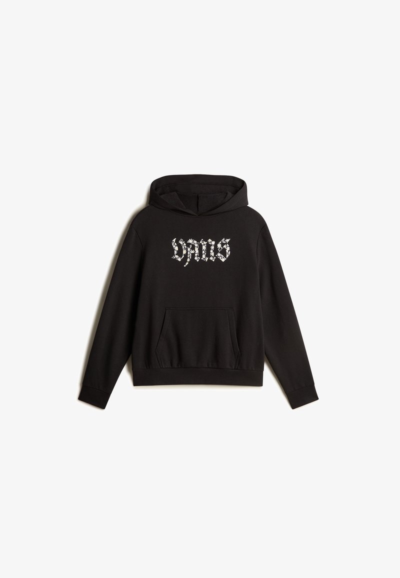 Sweat à capuche noir avec poche avant et lettrage gothique floral blanc centré sur la poitrine.