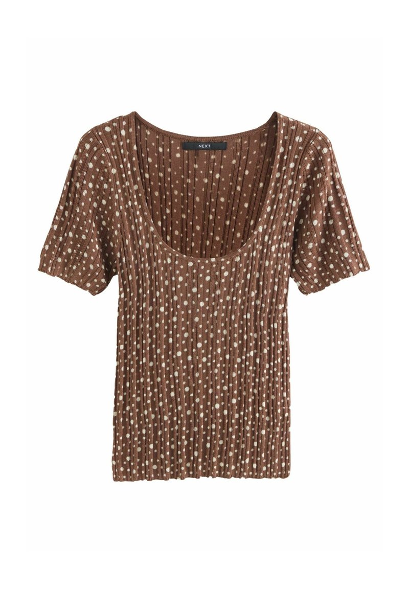 Top marron à manches courtes côtelées avec encolure dégagée, décoré de petits pois blancs répartis uniformément sur le tissu.
