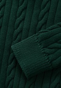 Suéter de punto verde oscuro con un patrón de cables, costillas texturizadas y un puño doblado, destacando un tejido suave y un color intenso.