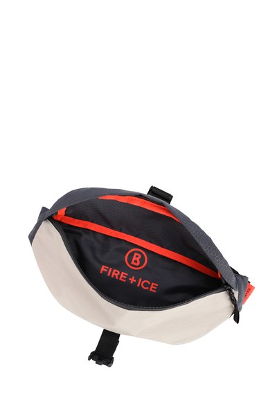 Marsupio grigio e beige con una texture liscia, dotato di una zip rossa e una fodera interna, e logo "FIRE + ICE" stampato all'interno.