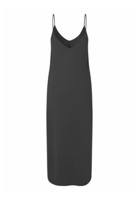 Robe portefeuille noire à fines bretelles avec un décolleté en V, fabriquée en tissu léger, présentant une coupe droite qui arrive sous le genou.