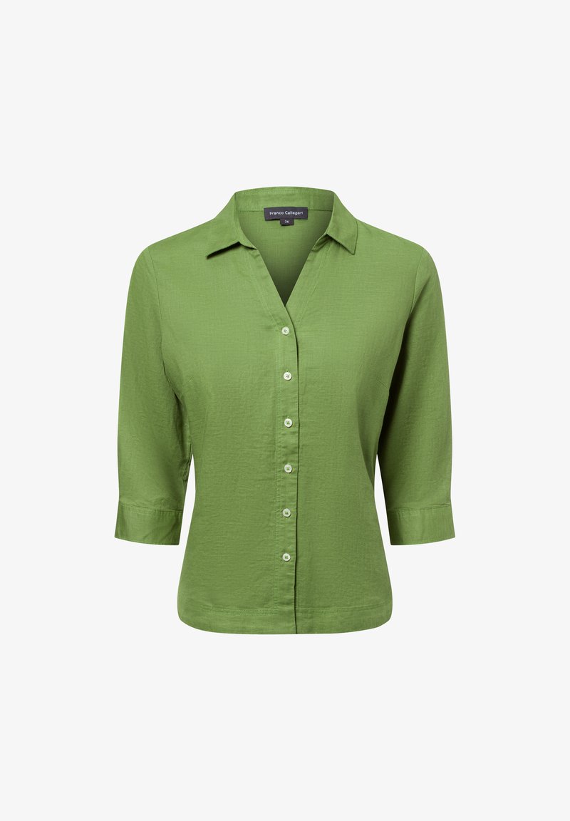 Groene overhemddas met een gestructureerde stof, kraag en driekwartmouwen. Voorzien van witte knopen en een ontspannen pasvorm.