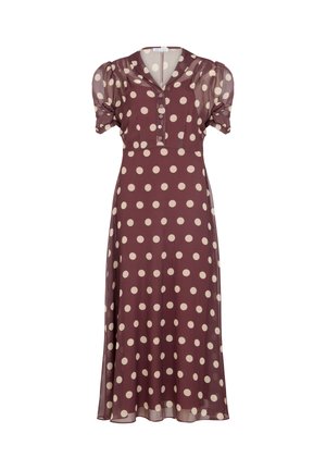 Braunes gepunktetes Kleid aus leichtem Stoff mit kurzen Puffärmeln, einer durchgeknöpften Frontpasse und einer fließenden, knöchellangen Silhouette.