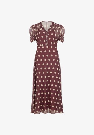 Braunes gepunktetes Kleid aus leichtem Stoff mit kurzen Puffärmeln, einer durchgeknöpften Frontpasse und einer fließenden, knöchellangen Silhouette.