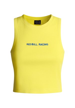Sárga bordázott rövid felső, kék hímzett "RED BULL RACING" felirattal, kerek nyakkivágással és ujjatlan kialakítással.