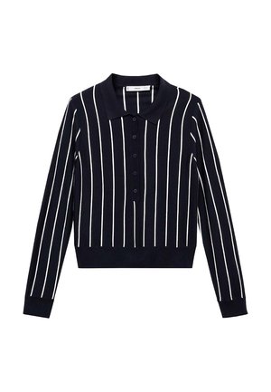 Sort, langærmet poloshirt med hvide lodrette striber, knaplukning og ribkanter ved ærmer og kant, lagt fladt på en hvid baggrund.
