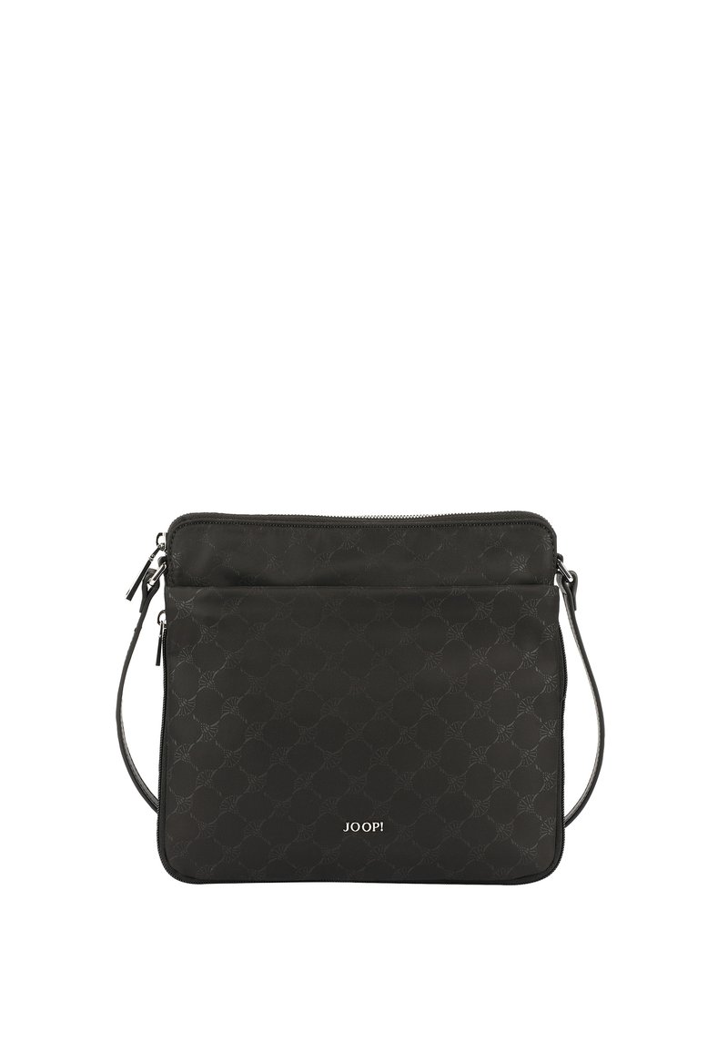 Borsa a tracolla nera con un motivo testurizzato. Presenta due scomparti con zip e una tracolla regolabile. Logo visibile sulla parte anteriore.